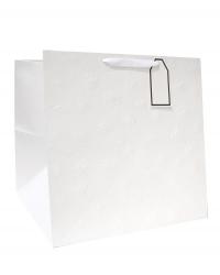Большие квадратные бумажные фактурные подарочные белые пакеты с широким дном, серия "Объёмные цветы", размер 35*35*35 см.