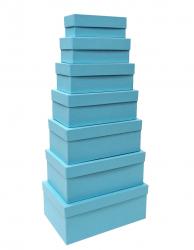 Набор из семи прямоугольных подарочных коробок голубого цвета, отделка матовой однотонной бумагой, размер 28*18*11,5 см.