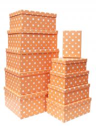 Набор из десяти прямоугольных подарочных коробок, отделка матовой бумагой с рисунком "Горошины на персиковом фоне", размер 37*28*17 см.