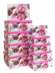 Набор из десяти прямоуголных новогодних подарочных коробок, отделка матовой бумагой с рисунком "Розовые игрушки", размер 37*28*17 см.