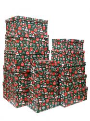 Набор ГИГАНТ из пятнадцати больших новогодних прямоугольных подарочных коробок, отделка матовой бумагой с рисунком "Орнамент на зелёном фоне", размер 52*41*23 см.
