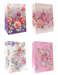 Большие подарочные пакеты-сумки из плотной матовой бумаги, серия "Букет цветов", размер 36*54*30 см.