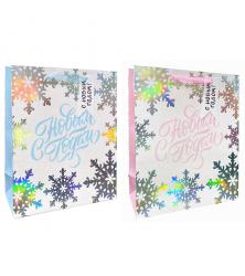 Бумажные новогодние подарочные пакеты из плотной бумаги с голографическим тиснением и перламутровыми блёстками, серия "С Новым годом!", размер 30*40*12 см.