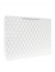 Белые бумажные подарочные горизонтальные пакеты-сумки с золотым тиснением, серия "Фигурная сеточка", размер 50*40*15 см.