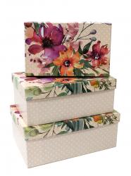 Набор из трёх прямоугольных подарочных коробок, отделка матовой бумагой с рисунком "Цветы", размер 23*16*9,5 см.
