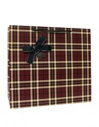 Бумажные подарочные пакеты-сумки бордового цвета с рисунком и бантом, серия "Клетка с бантом", размер 35*32*15 см.