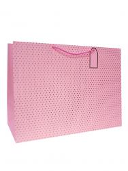 Большие бумажные подарочные однотонные пакеты розового цвета с золотым тиснением, серия "Золотой горошек", размер 54*40*24 см.