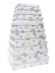 Набор из десяти плоских новогодних прямоугольных подарочных коробок белого цвета, отделка матовой бумагой с тиснением "Снежинки", размер 46*36,5*10 см.