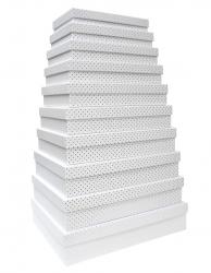 Набор из десяти плоских прямоугольных подарочных коробок белого цвета, отделка матовой бумагой с тиснением серебряными точками, размер 46*36,5*10 см.
