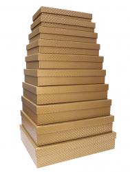 Набор из десяти плоских прямоугольных подарочных коробок бронзового цвета, отделка матовой бумагой с тиснением серебряными точками, размер 46*36,5*10 см.