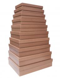Набор из десяти плоских прямоугольных подарочных коробок цвета капучино, отделка матовой бумагой с тиснением серебряными точками, размер 46*36,5*10 см.
