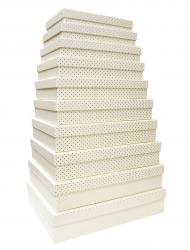 Набор из десяти плоских прямоугольных подарочных коробок молочного цвета, отделка матовой бумагой с тиснением серебряными точками, размер 46*36,5*10 см.