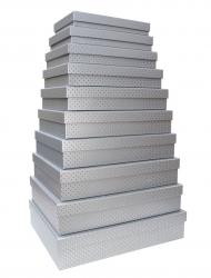Набор из десяти плоских прямоугольных подарочных коробок серого цвета, отделка матовой бумагой с тиснением серебряными точками, размер 46*36,5*10 см.