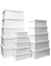 Набор ГИГАНТ из пятнадцати больших прямоугольных подарочных коробок белого цвета, отделка матовой бумагой с тиснением серебряными точками, размер 52*41*23 см.