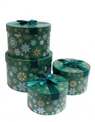 Набор из четырёх круглых зелёных новогодних подарочных коробок с бантом и рисунком снежинки, размер d27*h18,5 см