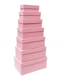 Набор из семи прямоугольных подарочных коробок розового цвета, отделка матовой однотонной бумагой, размер 28*18*11,5 см.