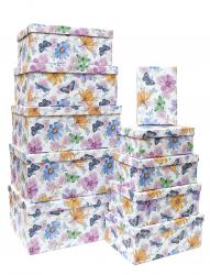 Набор из десяти прямоугольных подарочных коробок, отделка матовой бумагой с рисунком "Цветы и бабочки", размер 37*28*17 см.