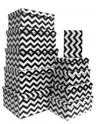 Набор из десяти прямоугольных подарочных коробок, отделка матовой бумагой с рисунком "Чёрно-белый зигзаг", размер 37*28*17 см.
