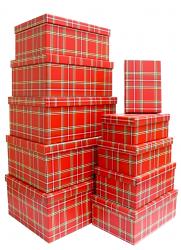 Набор из десяти прямоугольных подарочных коробок, отделка матовой бумагой с рисунком "Красная шотландка", размер 37*28*17 см.