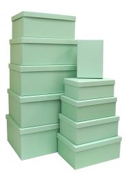 Набор из десяти однотонных прямоугольных подарочных коробок, отделка матовой бумагой мятного цвета, размер 37*28*17 см.