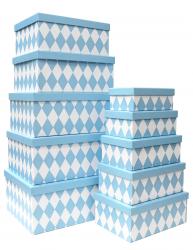 Набор из десяти прямоугольных подарочных коробок, отделка матовой бумагой с рисунком "Голубые ромбы", размер 37*28*17 см.