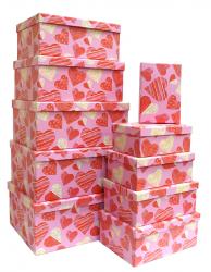 Набор из десяти прямоугольных подарочных коробок, отделка матовой бумагой с рисунком "Розовые сердечки", размер 37*28*17 см.