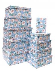 Набор из десяти прямоугольных подарочных коробок, отделка матовой бумагой с рисунком "Цветы на голубом фоне", размер 37*28*17 см.