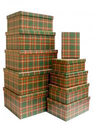 Набор из десяти прямоугольных подарочных коробок, отделка матовой бумагой с рисунком "Зелёная шотландка", размер 37*28*17 см.