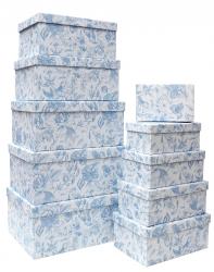 Набор из десяти белых прямоугольных подарочных коробок, отделка матовой бумагой с рисунком "Голубой цветочный орнамент", размер 35*26*16,5 см.