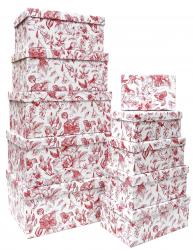 Набор из десяти белых прямоугольных подарочных коробок, отделка матовой бумагой с рисунком "Красный цветочный орнамент", размер 35*26*16,5 см.