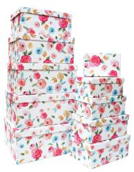 Набор из десяти прямоугольных подарочных коробок, отделка матовой бумагой с рисунком "Цветы на белом фоне", размер 35*26*16,5 см.