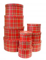 Набор из десяти круглых красных подарочных коробок с рисунком шотландка, размер d34*h18 см