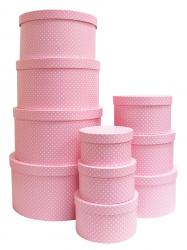Набор из десяти круглых розовых подарочных коробок с рисунком "Мелкий горошек", размер d34*h18 см