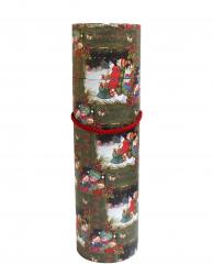 Новогодняя подарочная коробка тубус с ручками, отделка матовой зелёной бумагой с рисунком "Снеговики", размер d9*h32,5 см.