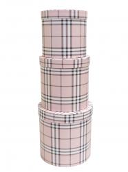 Набор из трёх шляпных круглых подарочных коробок розового цвета в клеточку, размер d19*h19 см.