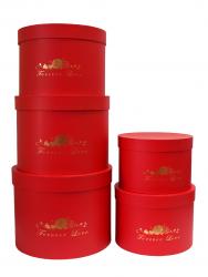 Набор из пяти круглых красных подарочных коробок с золотым тиснением "Forever love", размер d32*h24,5 см.