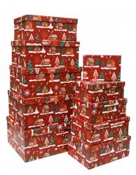 Набор из десяти прямоуголных новогодних подарочных коробок, отделка матовой бумагой с рисунком "Домики", размер 37*28*17 см.