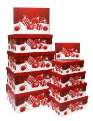 Набор из десяти прямоуголных новогодних подарочных коробок, отделка матовой бумагой с рисунком "Красные игрушки", размер 37*28*17 см.