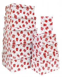 Набор из десяти прямоуголных новогодних подарочных коробок, отделка матовой бумагой с рисунком "Подарки на белом фоне", размер 37*28*17 см.