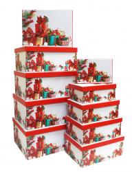 Набор из десяти прямоуголных новогодних подарочных коробок, отделка матовой бумагой с рисунком "Новогодние подарки", размер 37*28*17 см.