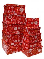 Набор из десяти прямоуголных новогодних подарочных коробок, отделка матовой бумагой с рисунком "Снежинки на красном фоне", размер 37*28*17 см.