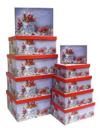 Набор из десяти прямоуголных новогодних подарочных коробок, отделка матовой бумагой с рисунком "Свечи", размер 37*28*17 см.
