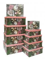 Набор из десяти прямоуголных новогодних подарочных коробок, отделка матовой бумагой с рисунком "Новогодние украшения", размер 37*28*17 см.