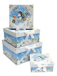 Набор из четырёх квадратных новогодних подарочных коробок, отделка матовой бумагой с рисунком "Снеговик на машине", размер 22*22*12 см.