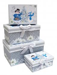 Набор из четырёх прямоугольных новогодних подарочных коробок, отделка матовой бумагой с рисунком "Снеговики и ёлочка", размер 23*16*12 см.