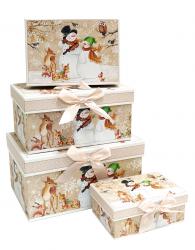 Набор из четырёх прямоугольных новогодних подарочных коробок, отделка матовой бумагой с рисунком "Снеговики на бежевом фоне", размер 23*16*12 см.