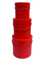 Набор из трёх круглых шляпных подарочных коробок красного цвета с ручками, отделка матовой бумагой, размер d 22* h 20 см.