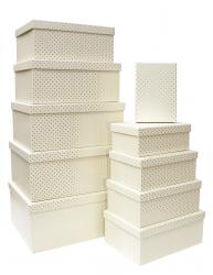 Набор из десяти прямоугольных подарочных коробок молочного цвета, отделка матовой бумагой с тиснением серебряными точками, размер 37*28*17 см.