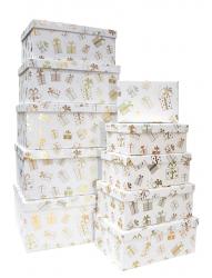 Набор из десяти прямоугольных подарочных коробок белого цвета, отделка матовой бумагой с тиснением "подарки", размер 37*28*17 см.