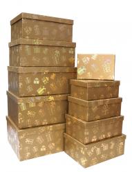 Набор из десяти прямоугольных подарочных коробок бронзового цвета, отделка матовой бумагой с тиснением "подарки", размер 37*28*17 см.